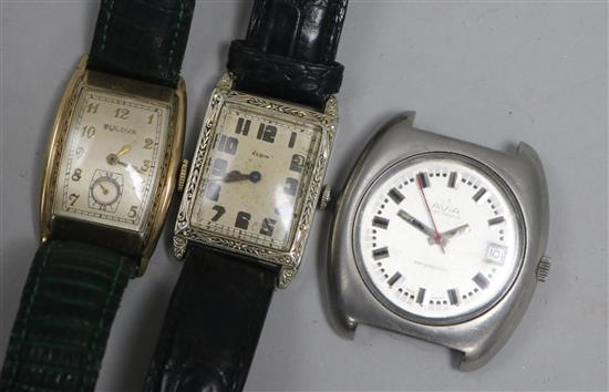 Three assorted gentlemans wrist watches to include a Bulova gold plated and steel, a gold filled Elgin and a steel Avia Electronic.